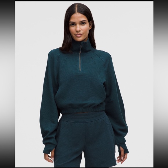 lululemon athletica Tops - Lululemon Scuba Cropped Funnel Half Zip Waffle NWT S Indochine Blue